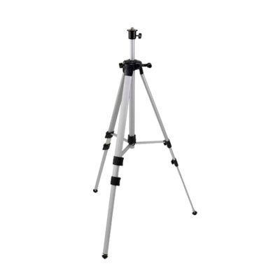 Tripé de metal prateado com suportes pretos