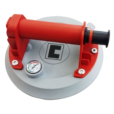 Suporte de sucção circular cinza com alça vermelha e manómetro