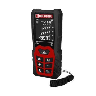 Medidor digital de distâncias COLOTOOL preto e vermelho com ecrã LED e botões