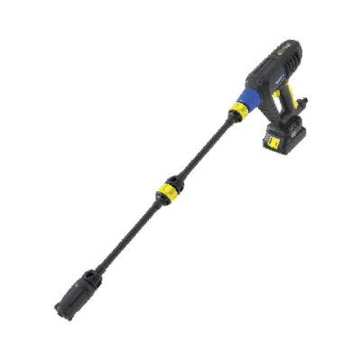 Lança de pulverizador manual elétrico preto com detalhes azul e amarelo