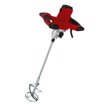 Misturador elétrico vermelho e preto com haste e hélice metálicas