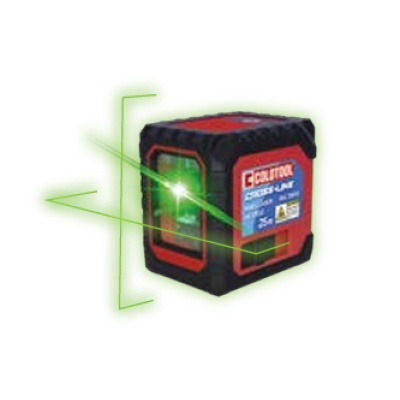 Laser de alinhamento verde Coltool com corpo preto e vermelho, emitindo cruz de laser