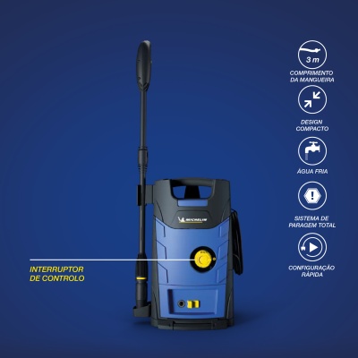 Máquina de lavar alta pressão azul e preto com botão amarelo e lança preta em fundo azul