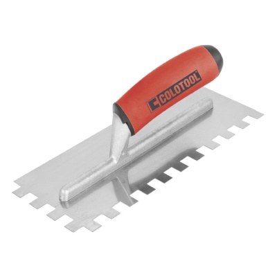 Espátula dentada com cabo vermelho e preto e lâmina metálica dentada COLOTOOL