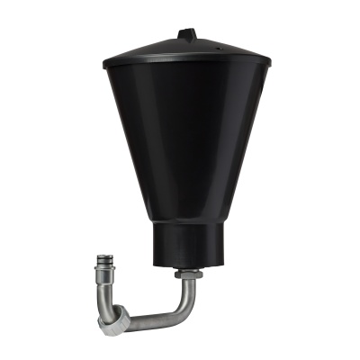 Funil antiderrame preto com tubo metálico cinzento curvado