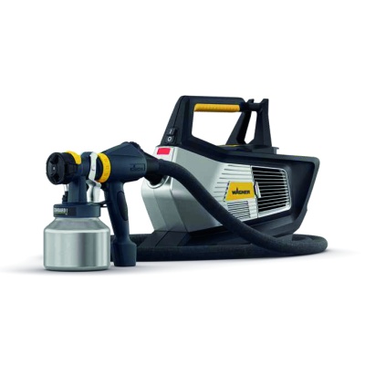 Equipamento de pintura pulverizadora preto, cinzento e amarelo com reservatório metálico e mangueira flexível