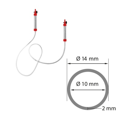 Tubo transparente com conectores vermelhos e escala numérica, com diâmetro indicado num diagrama.