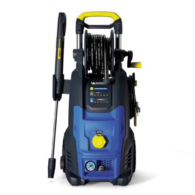 Máquina de lavar a pressão elétrica azul e preta com alça amarela e pistola