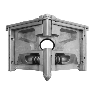 Peça metálica industrial cinzenta com base cilíndrica e gravação EXCLUS 10247