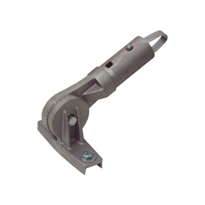 Ferramenta metálica cinzenta com peça rotativa dentada e suporte