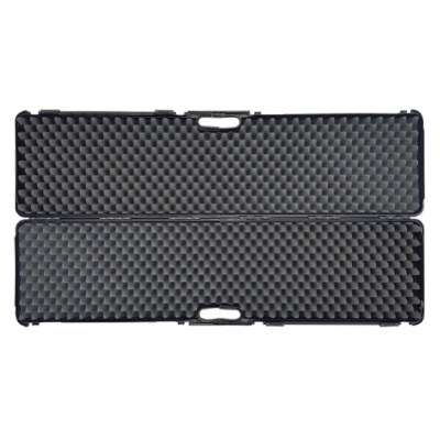 Estojo rígido preto aberto com interior acolchoado em espuma ondulada