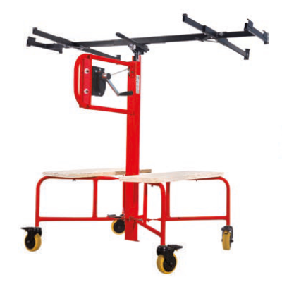 Suporte elevatório móvel metálico vermelho com rodas e base de madeira clara