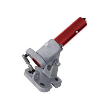 Suporte metálico cinza com tubo vermelho para montagem