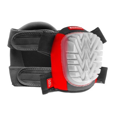 Joelheira de proteção preta, vermelha e branca com velcro e placa rígida