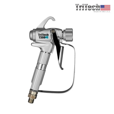 Pistola de pintura TriTech T360 prateada com texto e logótipo