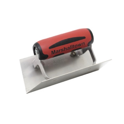 Flutuador de estuque com punho vermelho e preto e base metálica prateada com marca Marshalltown