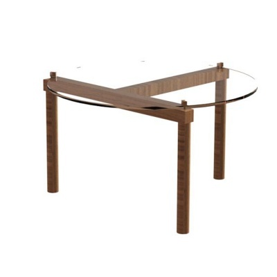 Mesa de centro redonda com tampo de vidro e pernas de madeira castanha