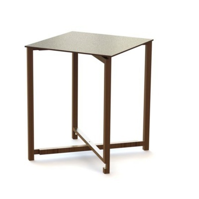 Mesa quadrada cinza com pernas metálicas castanhas