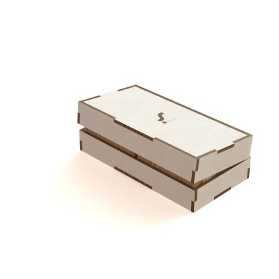 Caixa retangular empilhada de madeira clara com logotipo