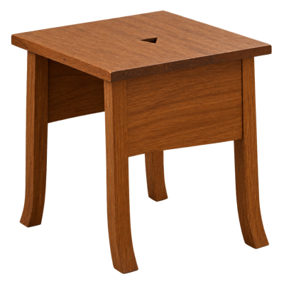 Mesa de madeira castanha com tampo quadrado e abertura triangular centro
