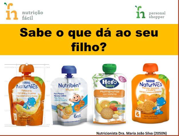 Quatro embalagens de puré infantil em sachê coloridas com texto promocional em fundo branco e amarelo