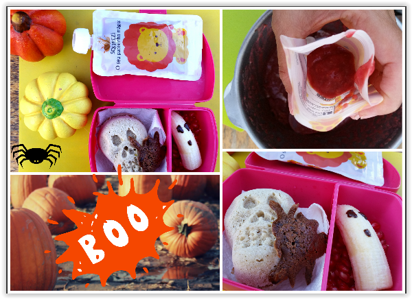 Montagem de imagens de marmita rosa com lanche e pacote Wild Bean Organic em ambiente temático de Halloween