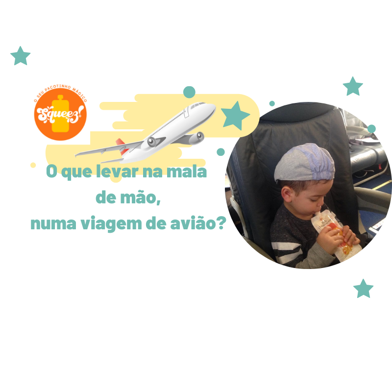 Texto sobre viagem de avião e criança com gorro a comer num avião