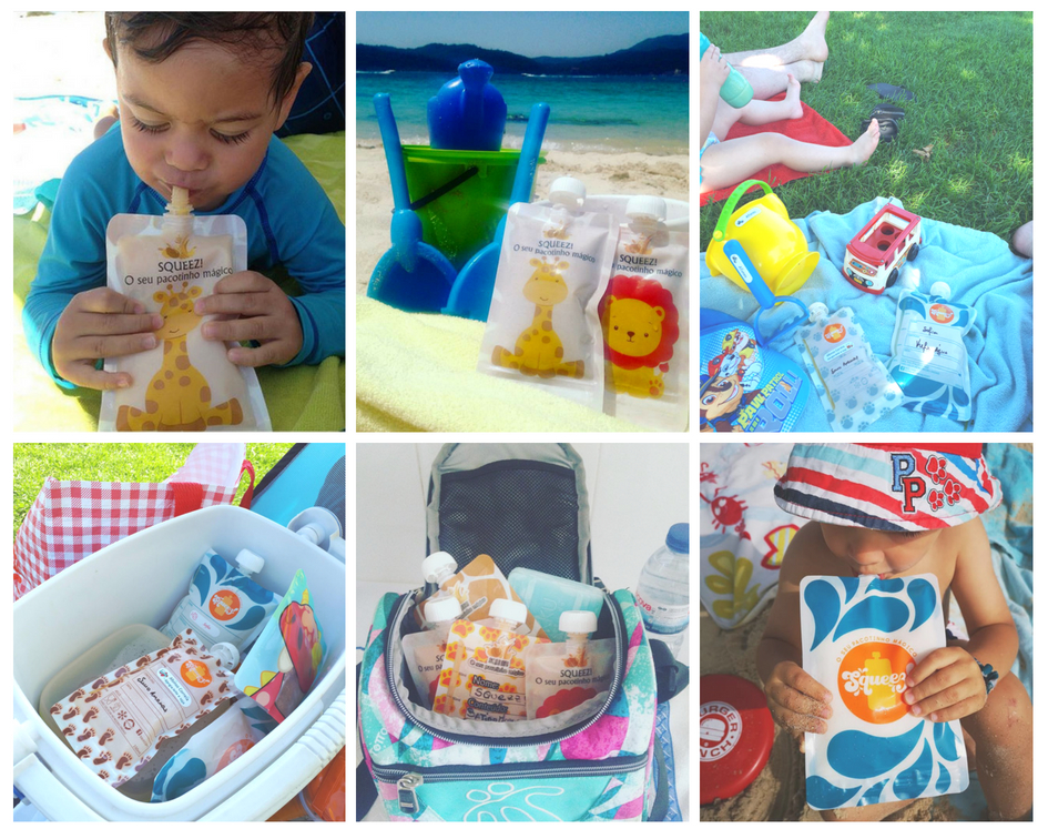 Crianças a beber sumos em embalagens flexíveis com desenhos de animais, em praia e parque