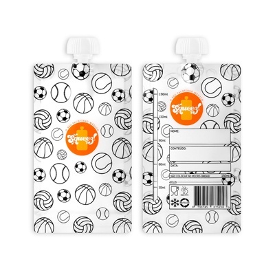 embalagem flexível branca com estampado de bolas desportivas e informações de volume e reciclagem