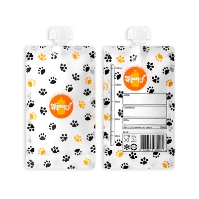 Sacquetas flexíveis brancas com padrão de pegadas pretas e laranja e tampa de rosca branca