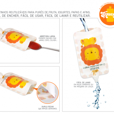 Pacotinhos reutilizáveis transparentes com estampa de leão para purés e iogurtes