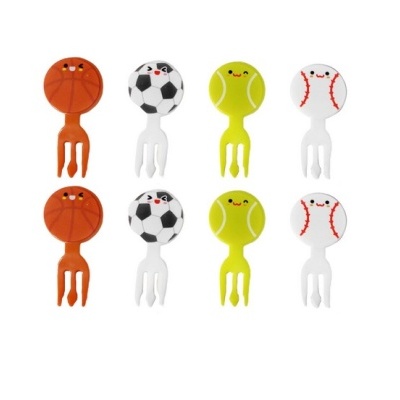 Garfo pequeno com bola de basquete, futebol, ténis e baseball em plástico colorido