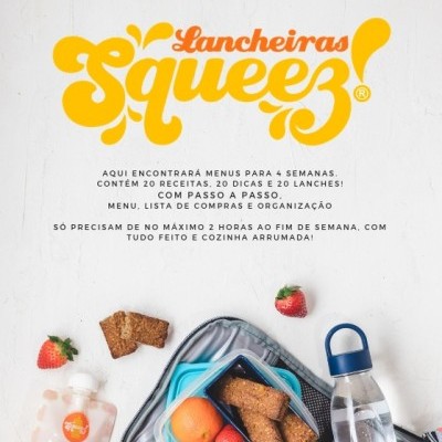 Imagem promocional do livro 'Lancheiras Squeez' com lancheira, barras de cereais, morangos e garrafa de água