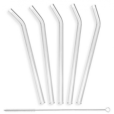 Cinco palhinhas de vidro curvas e escova de limpeza