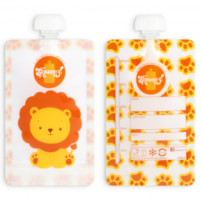 Embalagens reutilizáveis de plástico com tampa branca e padrão de leão colorido