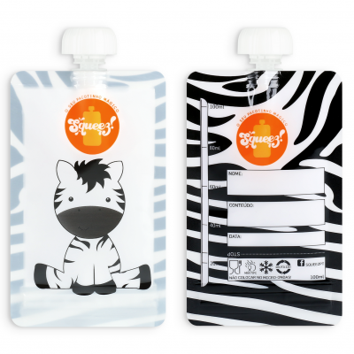 Embalagem saquinho líquido com estampa de zebra e texto Squeeze 3