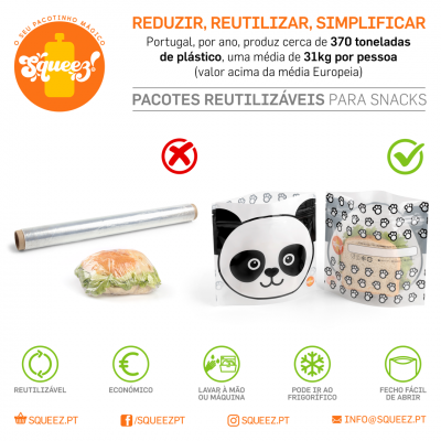 Imagem com logótipo Squeez e comparativo de embalagens para snacks reutilizáveis versus filme plástico