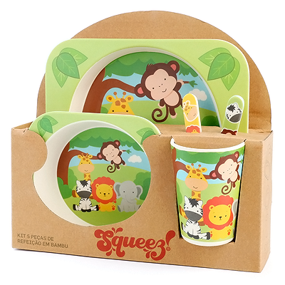 Conjunto de 5 peças de refeição infantil com animais da selva em bambu, embalagem de cartão