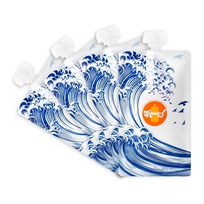 Pacotes reutilizáveis brancos com ondas azuis e etiqueta laranja Suave