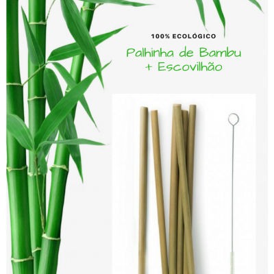 Paus de bambu e escovilhão para limpeza, com bambus verdes ao fundo e texto promocional