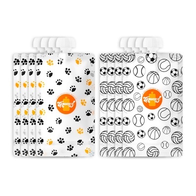 Embalagens reutilizáveis com tampas brancas e padrões de patas e bolas, logótipo laranja Squares 3.