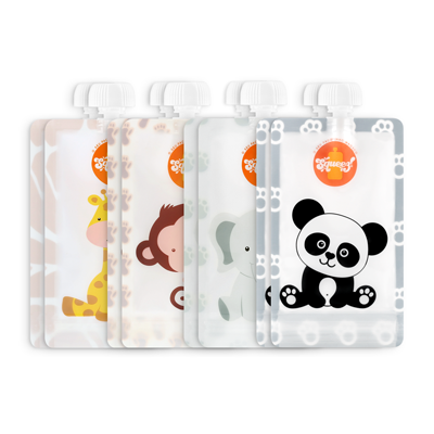 Pacotes flexíveis com desenhos de animais e tampa branca