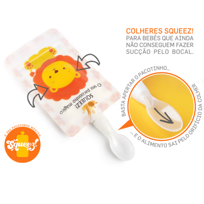 Embalagem com colher para bebés com ilustração de leão e texto em português