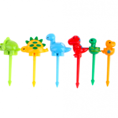 Seis marcadores coloridos em plástico com formas de dinossauros e pato