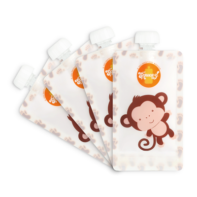 Embalagens flexíveis com desenho de macaco e texto Squee3.