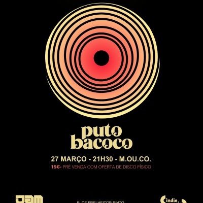 Cartaz do concerto da banda PutoBacoco em tons de preto, amarelo e vermelho.