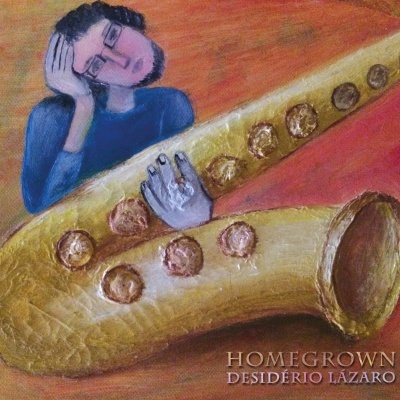 Ilustração de homem com saxofone dourado e texto HOMEGROWN DESIDÉRIO LÁZARO