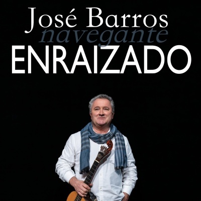 Homem com guitarra em fundo preto e texto do álbum José Barros Enraizado