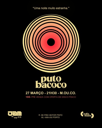 Cartaz do concerto da banda PutoBacoco em tons de preto, amarelo e vermelho.