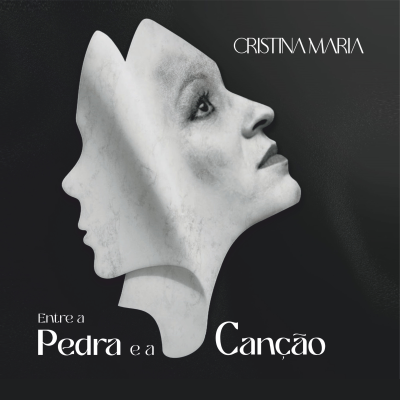 Duas faces esculpidas em branco sobre fundo preto com texto de título e nome artístico